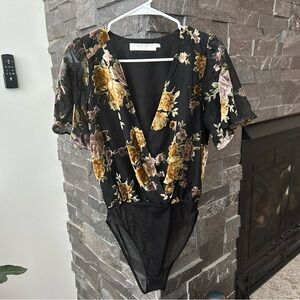 Astr Black & Gold Floral Burnout Velvet Bodysuit